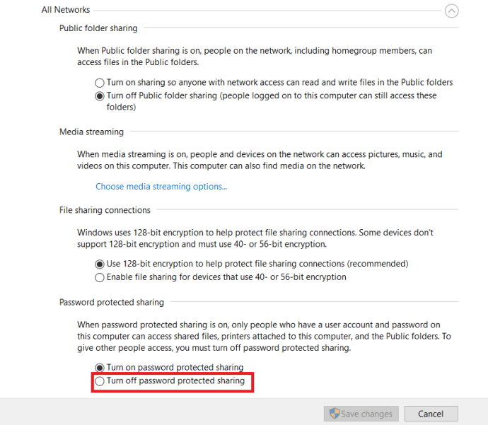 Network sharing settings 2