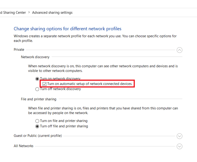 Network sharing settings